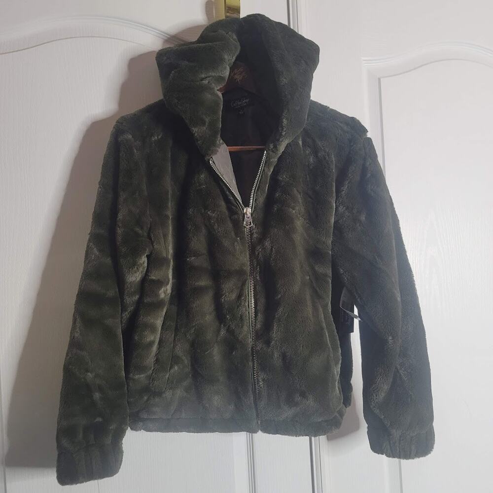 Coffee Shop NY size Large NEW Olive Green Women's Faux Fur Hooded Jacket Coat